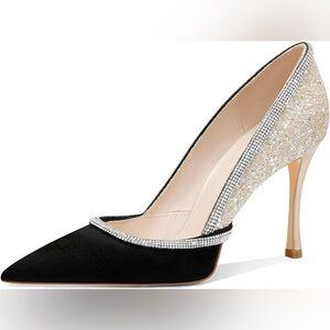 NIB- Women's High Heels Pointed Toe Stiletto Heeled Rhinestone Satin Pumps